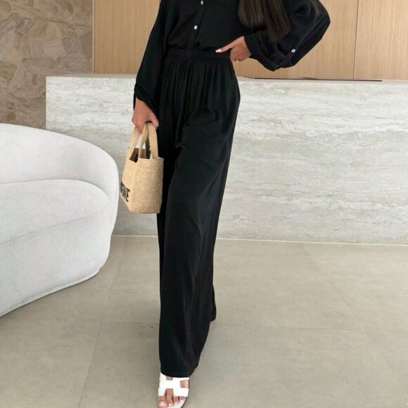 Black Casual Women's Front Button Loose Shirt & Pants Set - Picture 6 of 6
